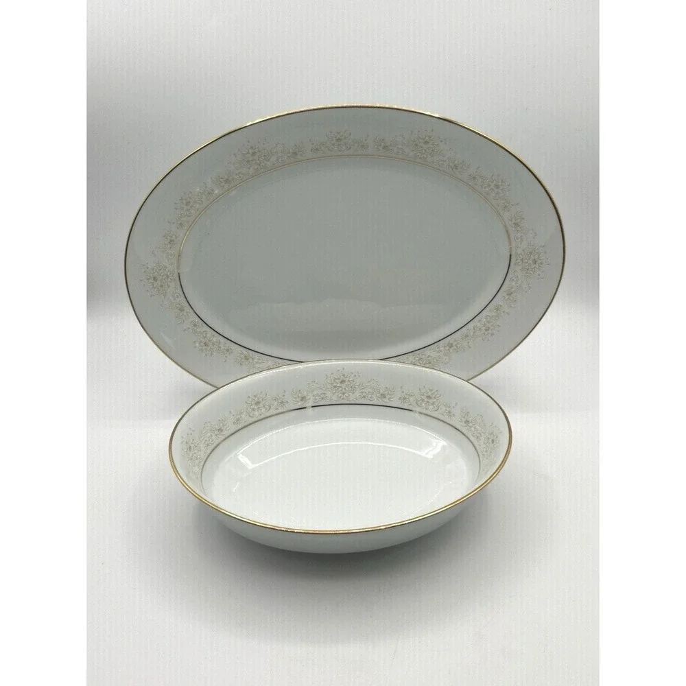 Noritake Dearest Serving Set Platter Vegetable Bowl White Gold Floral 2pc Japan